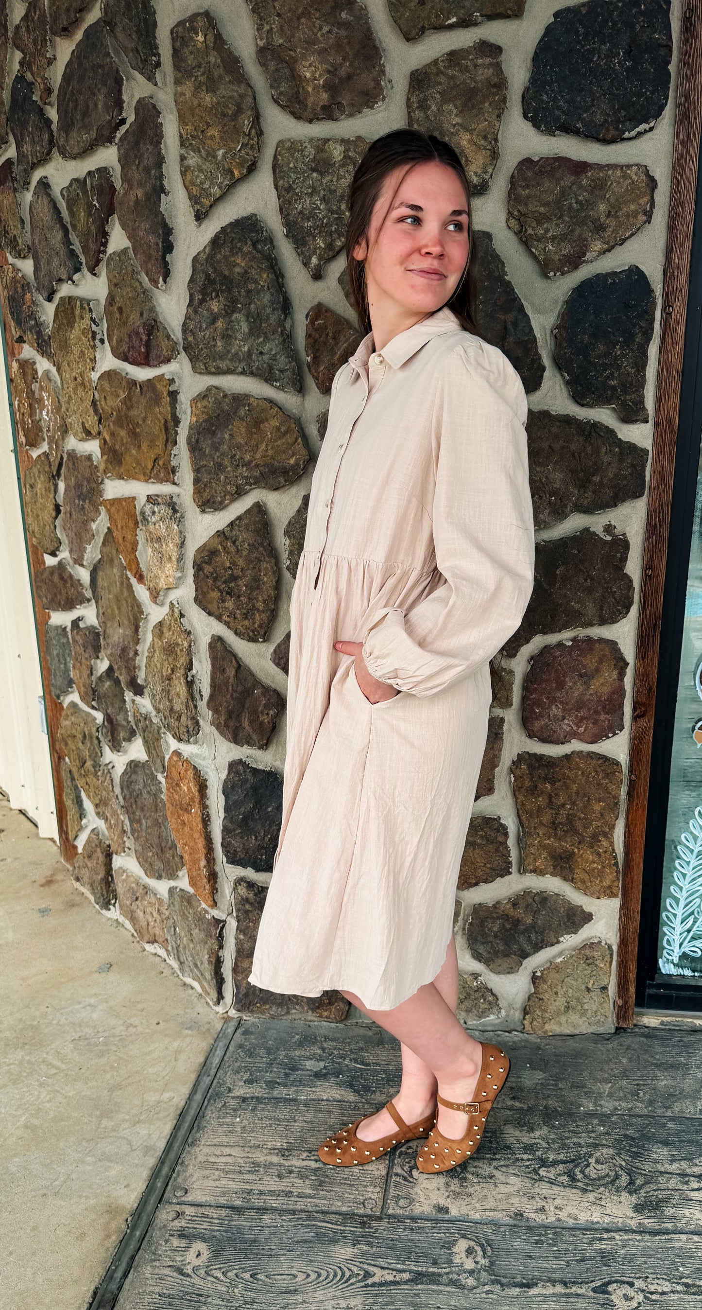 Button-Down Puff Sleeve Midi Dress