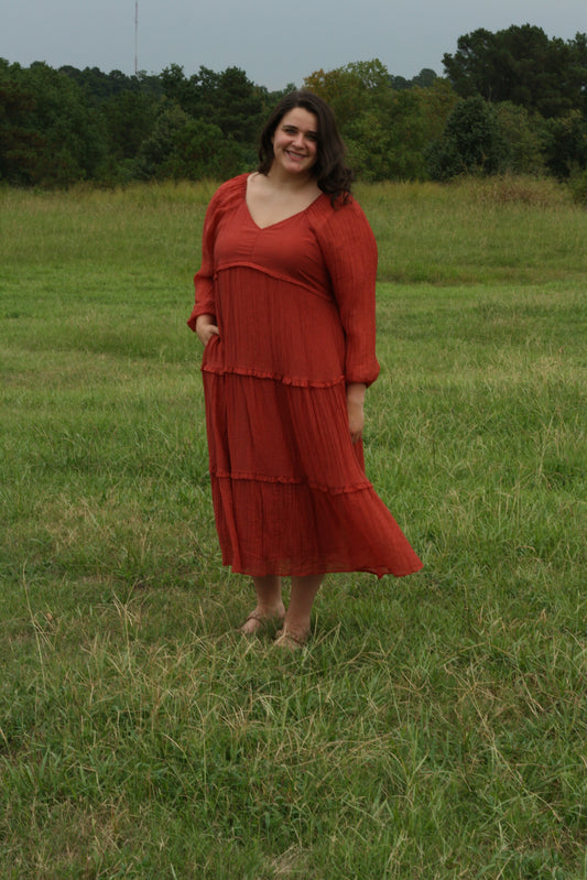 Rust V-neck Tiered Maxi