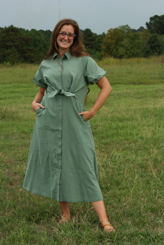 Puff Sleeve Sage Linen Midi Dress