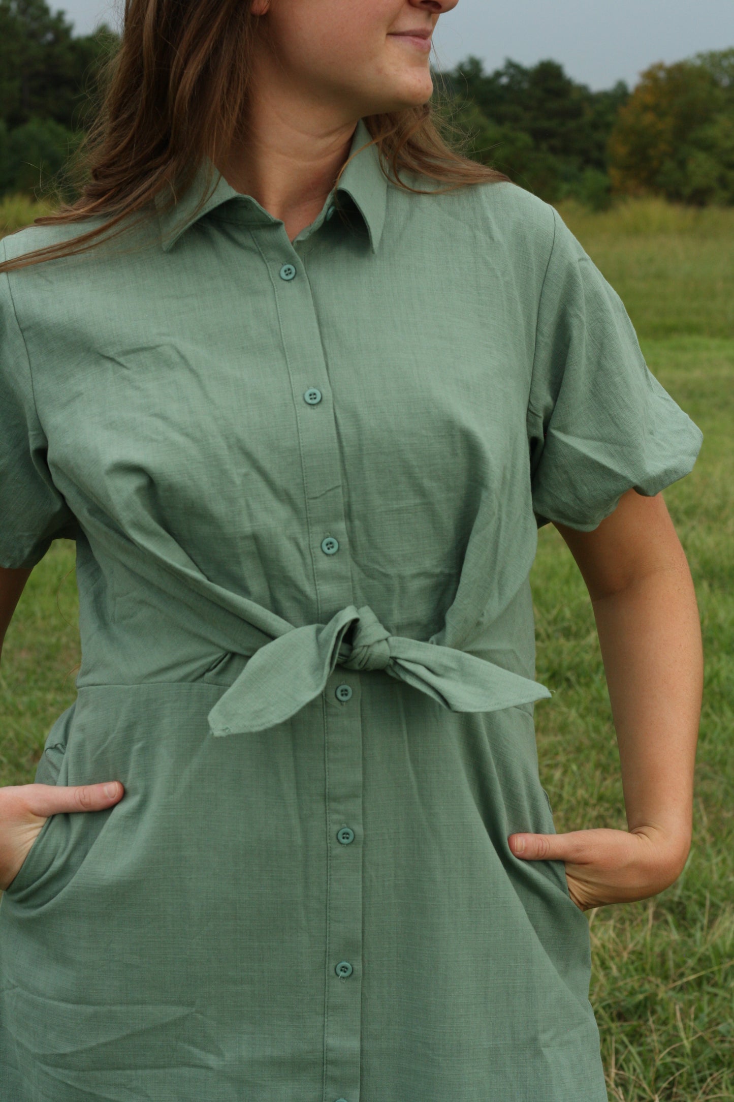 Puff Sleeve Sage Linen Midi Dress
