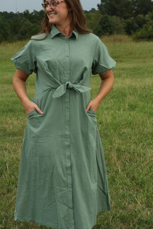 Puff Sleeve Sage Linen Midi Dress