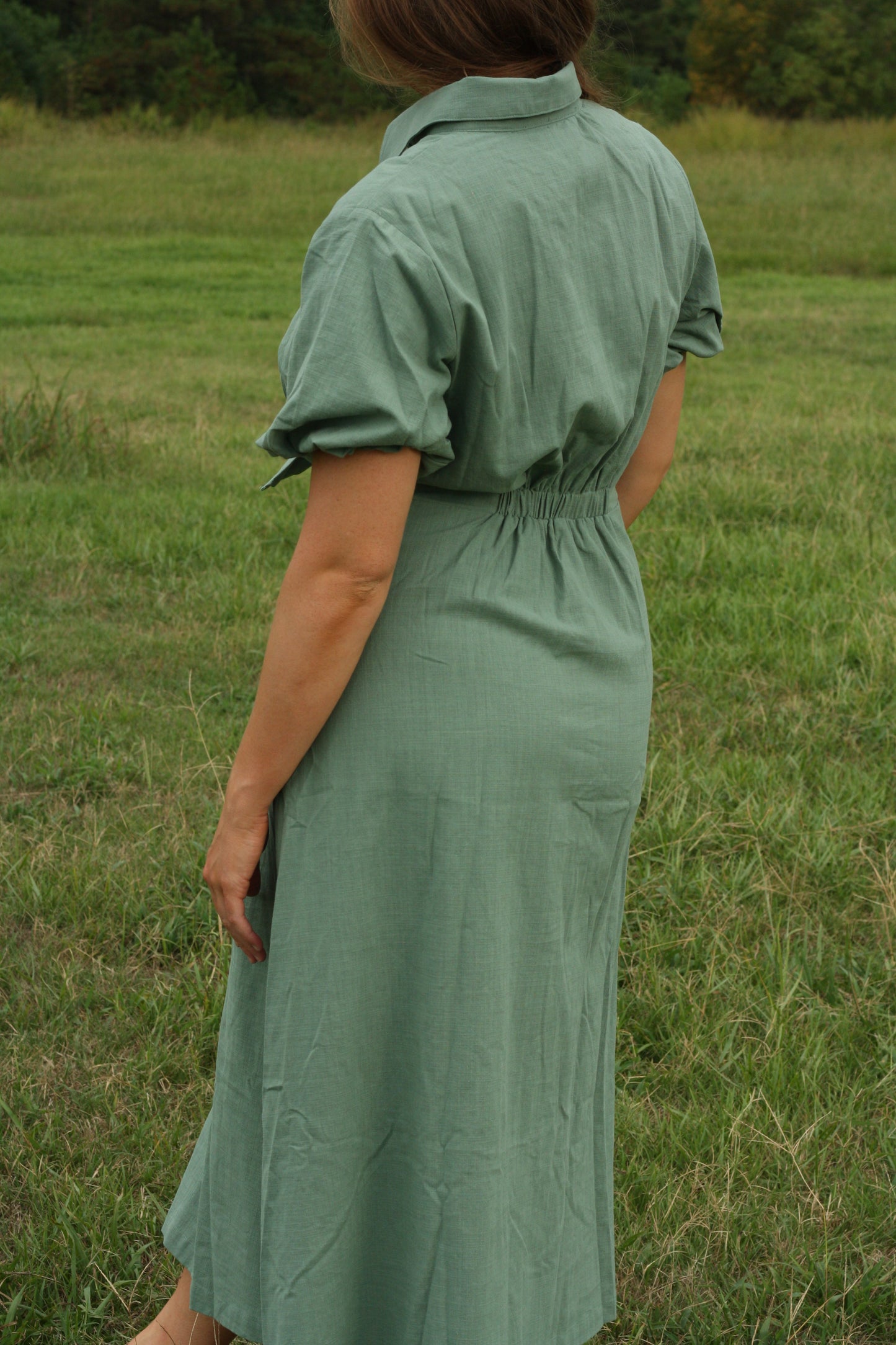 Puff Sleeve Sage Linen Midi Dress