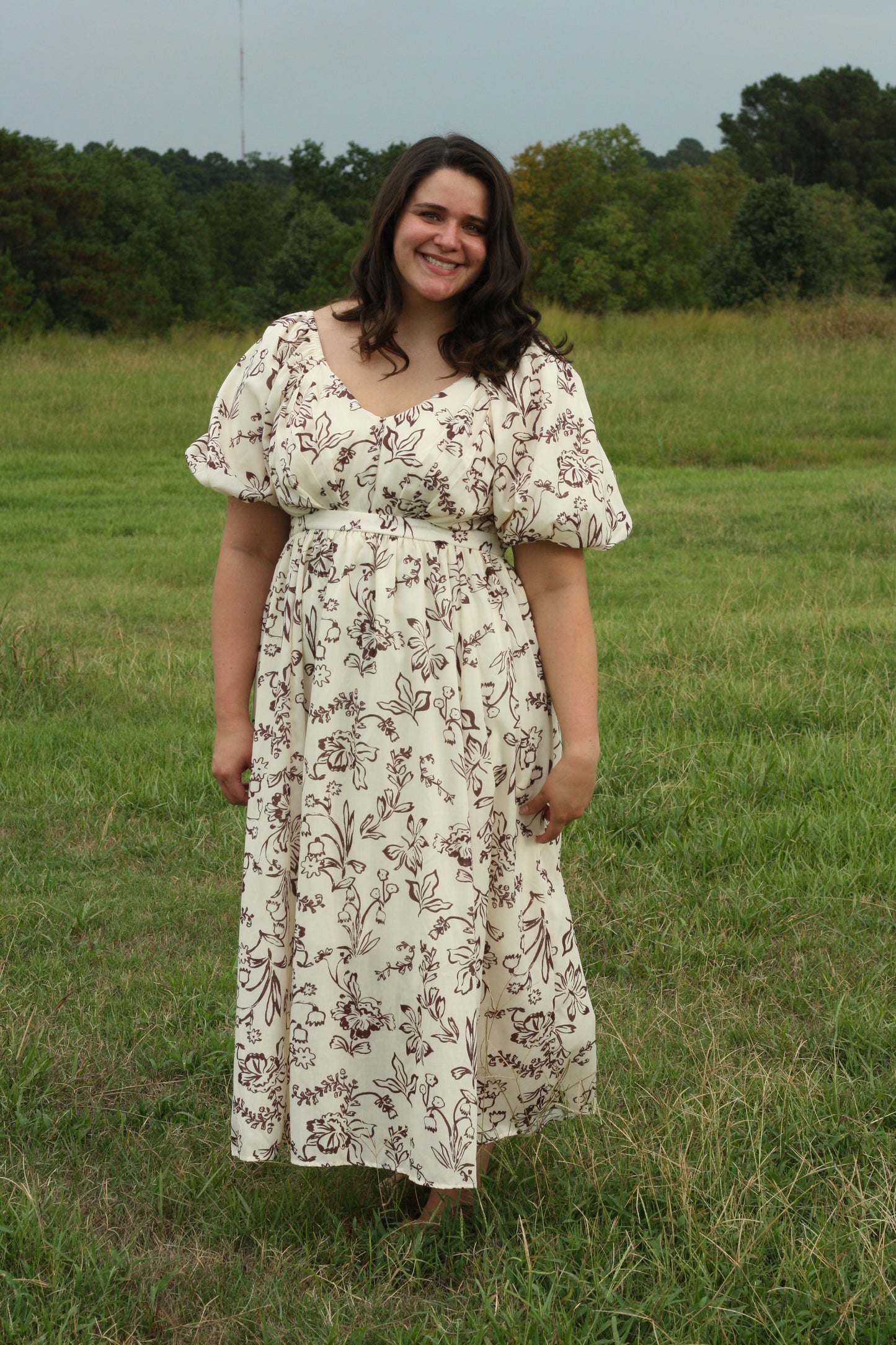 Cream and Brown Floral Puff Sleeve Dress