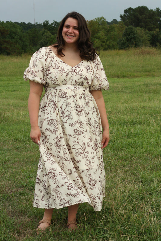 Cream and Brown Floral Puff Sleeve Dress