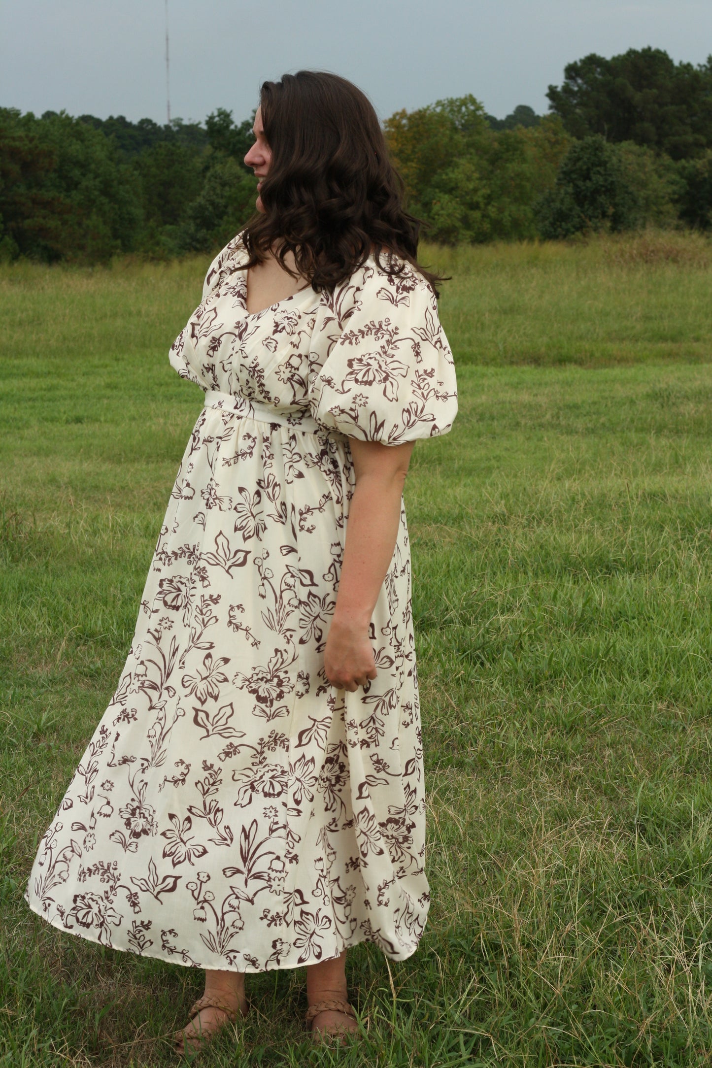 Cream and Brown Floral Puff Sleeve Dress