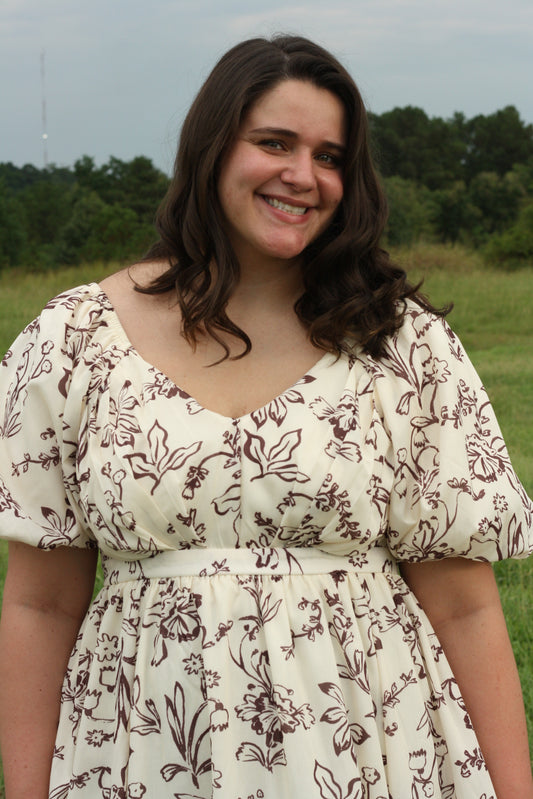 Cream and Brown Floral Puff Sleeve Dress