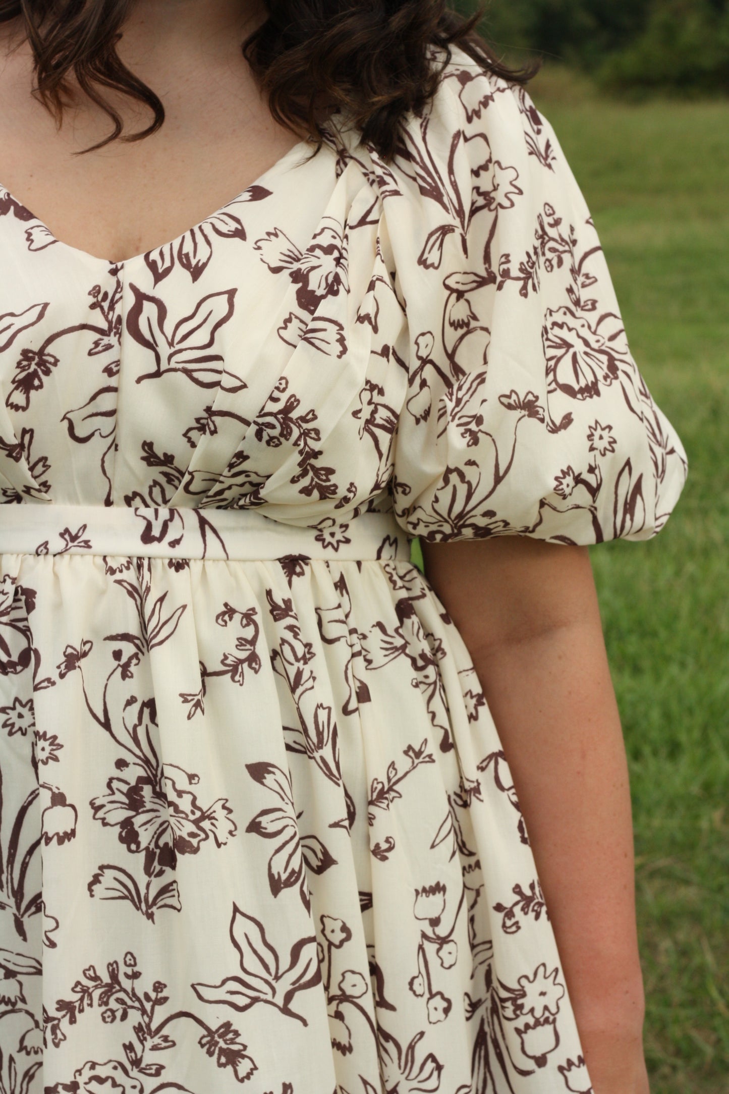 Cream and Brown Floral Puff Sleeve Dress