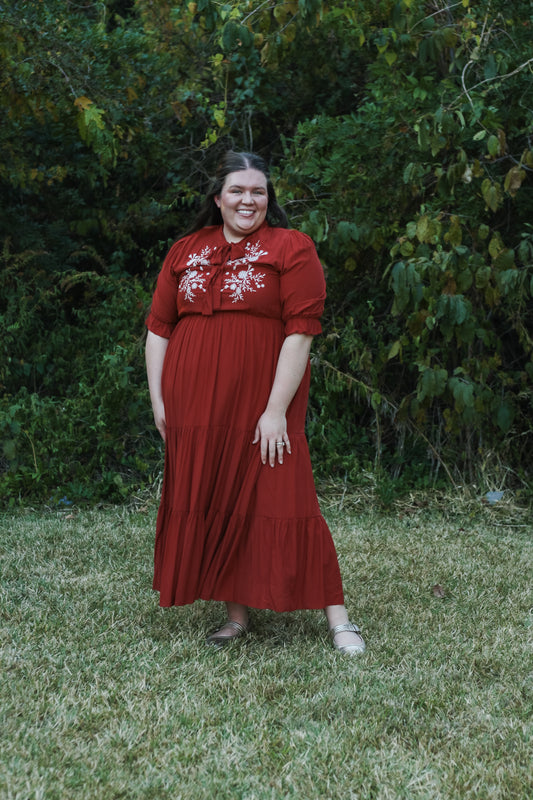 Embroidered Tie Neck Midi Dress