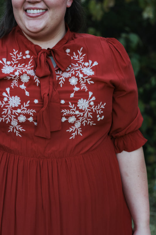 Embroidered Tie Neck Midi Dress