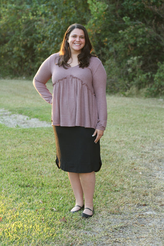 Waffle Knit Long Sleeve Blouse