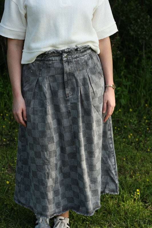 Washed Checkered Denim Midi Skirt
