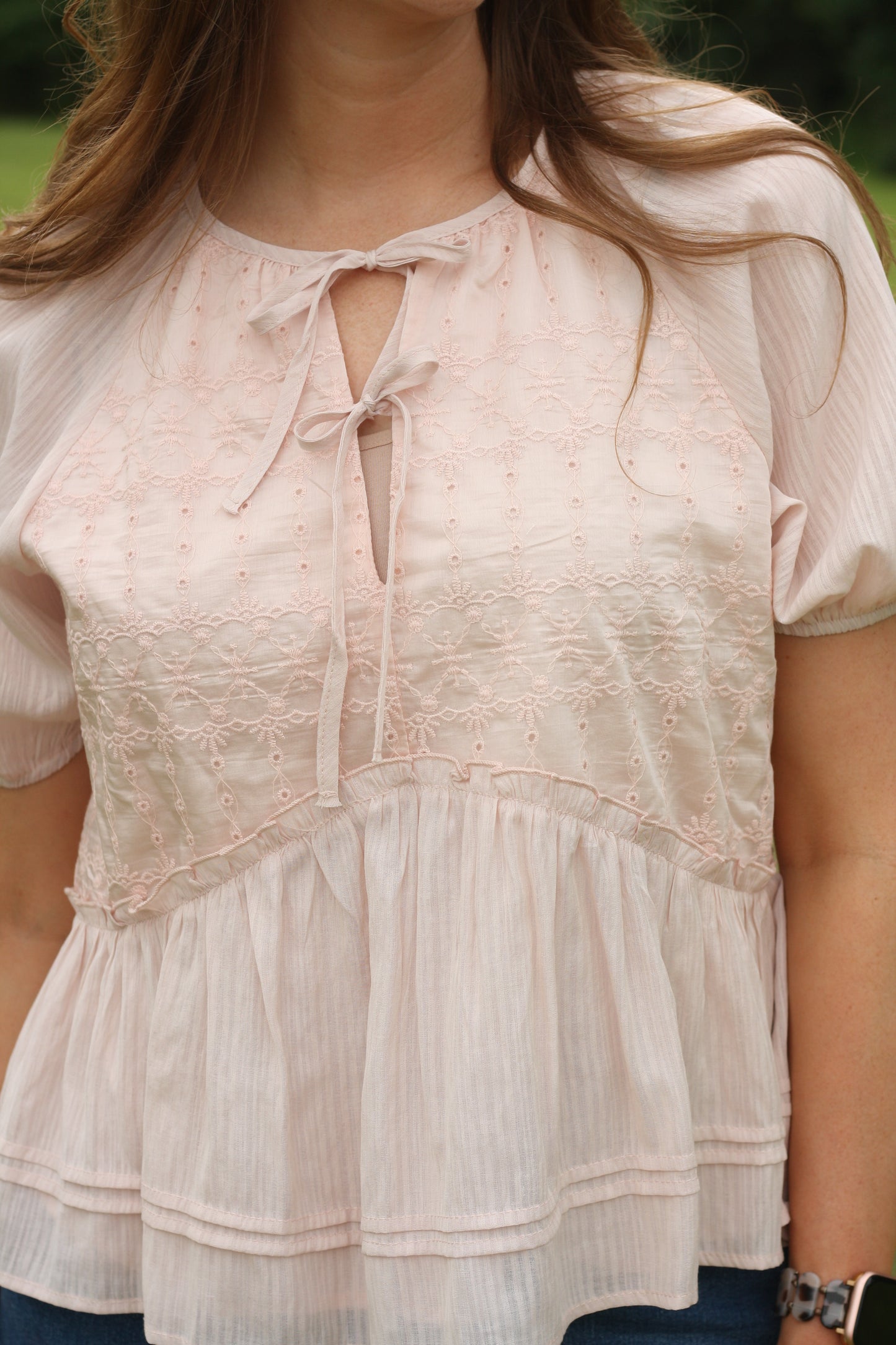Embroidered Peplum Tie-Front Top