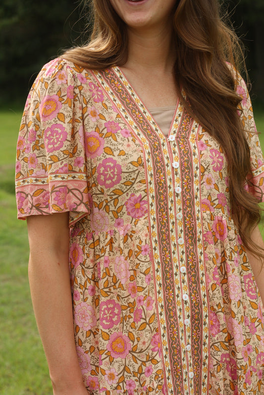 Vintage Boho Floral Midi Dress