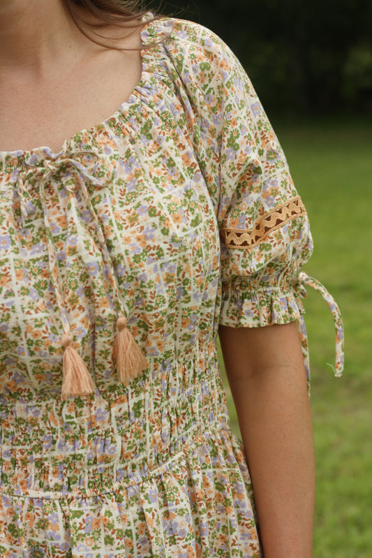 Puff Sleeve Printed Midi Dress
