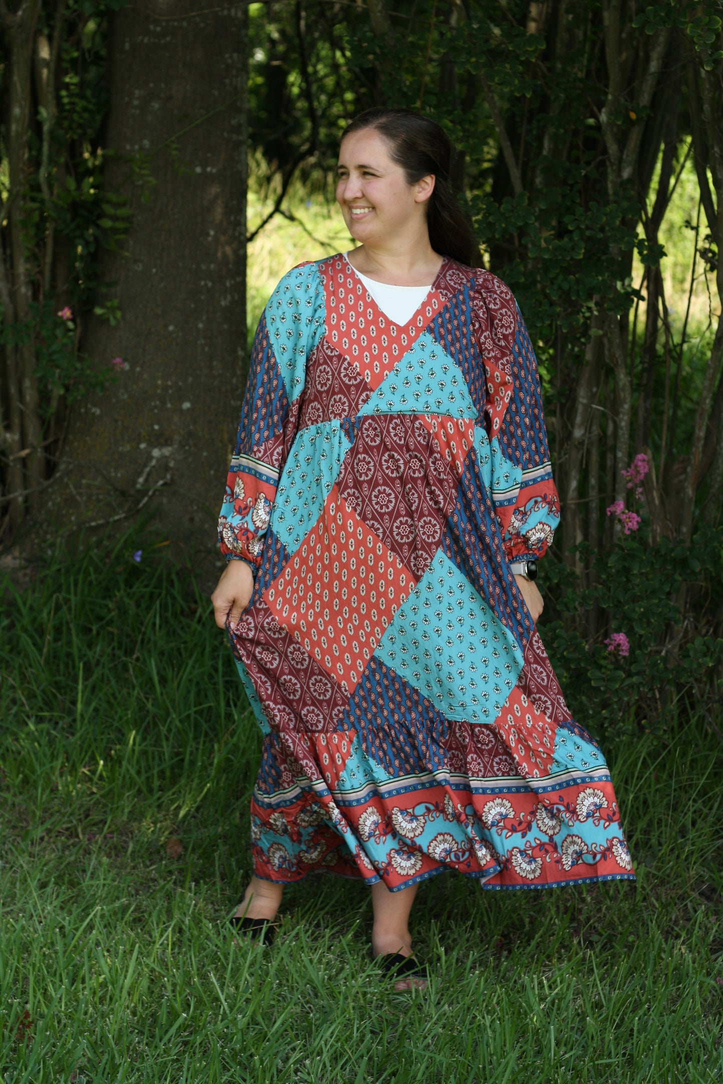 Multi Printed Balloon Sleeve Midi Dress