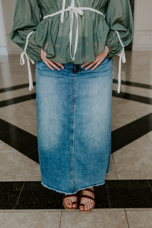 High Rise Flared Maxi Denim Skirt