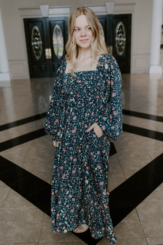 Pleated Bodice Floral Maxi Dress