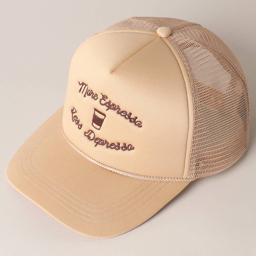 "More Espresso Less Depresso" Embroidery Trucker Hat