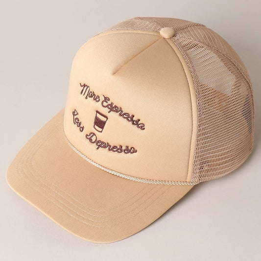 "More Espresso Less Depresso" Embroidery Trucker Hat