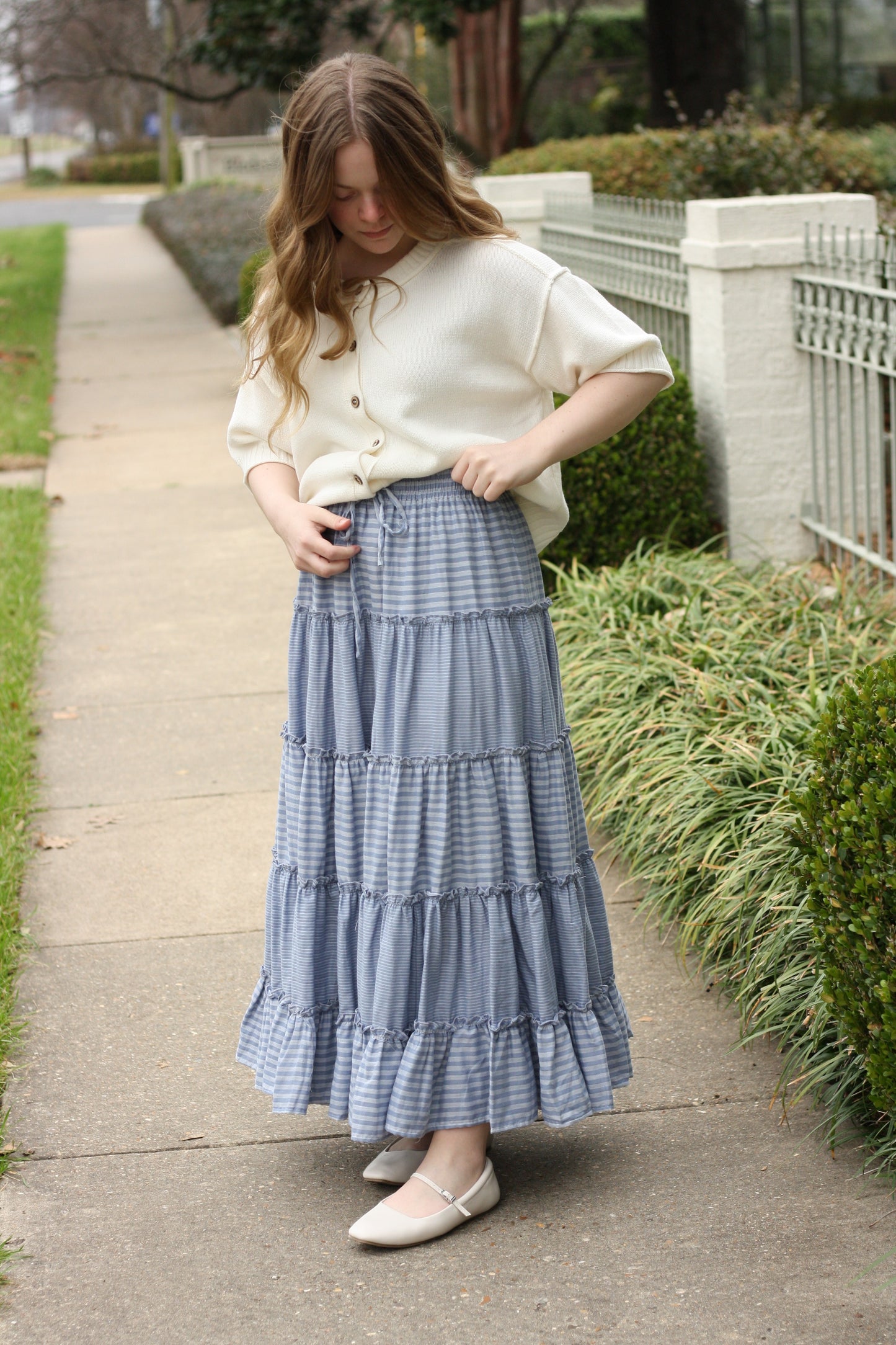 Blue Tiered Midi Skirt