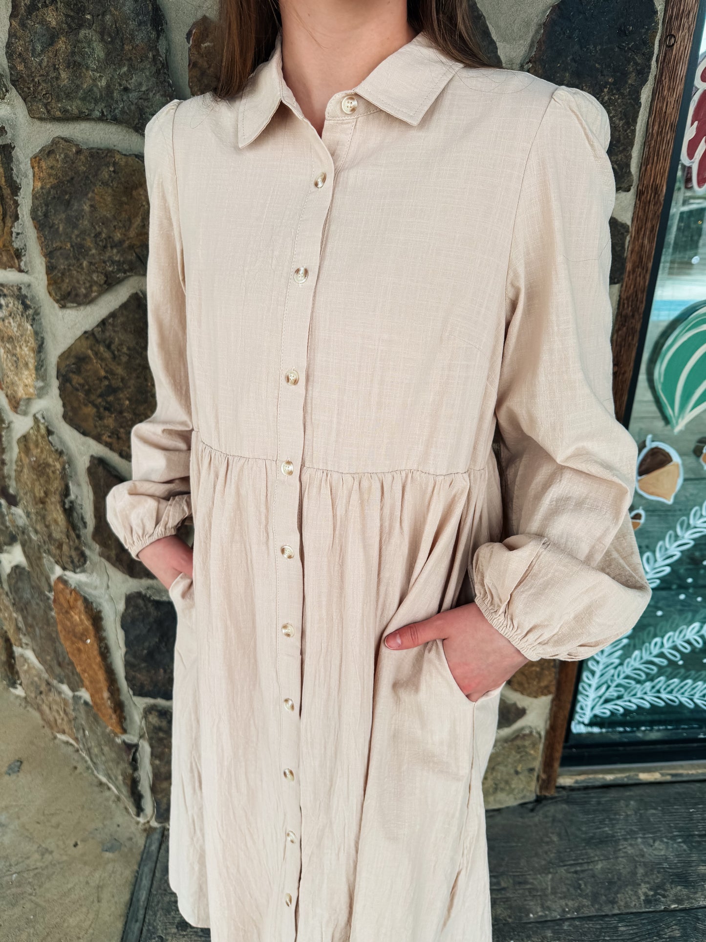 Button-Down Puff Sleeve Midi Dress