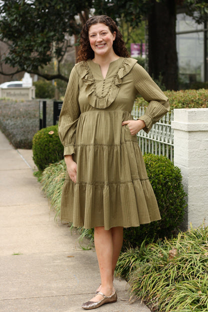 Ruffle Collar Olive Midi Dress