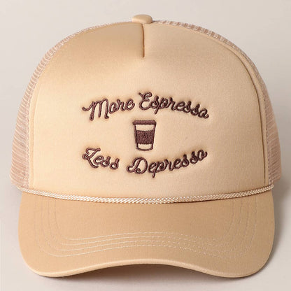 "More Espresso Less Depresso" Embroidery Trucker Hat