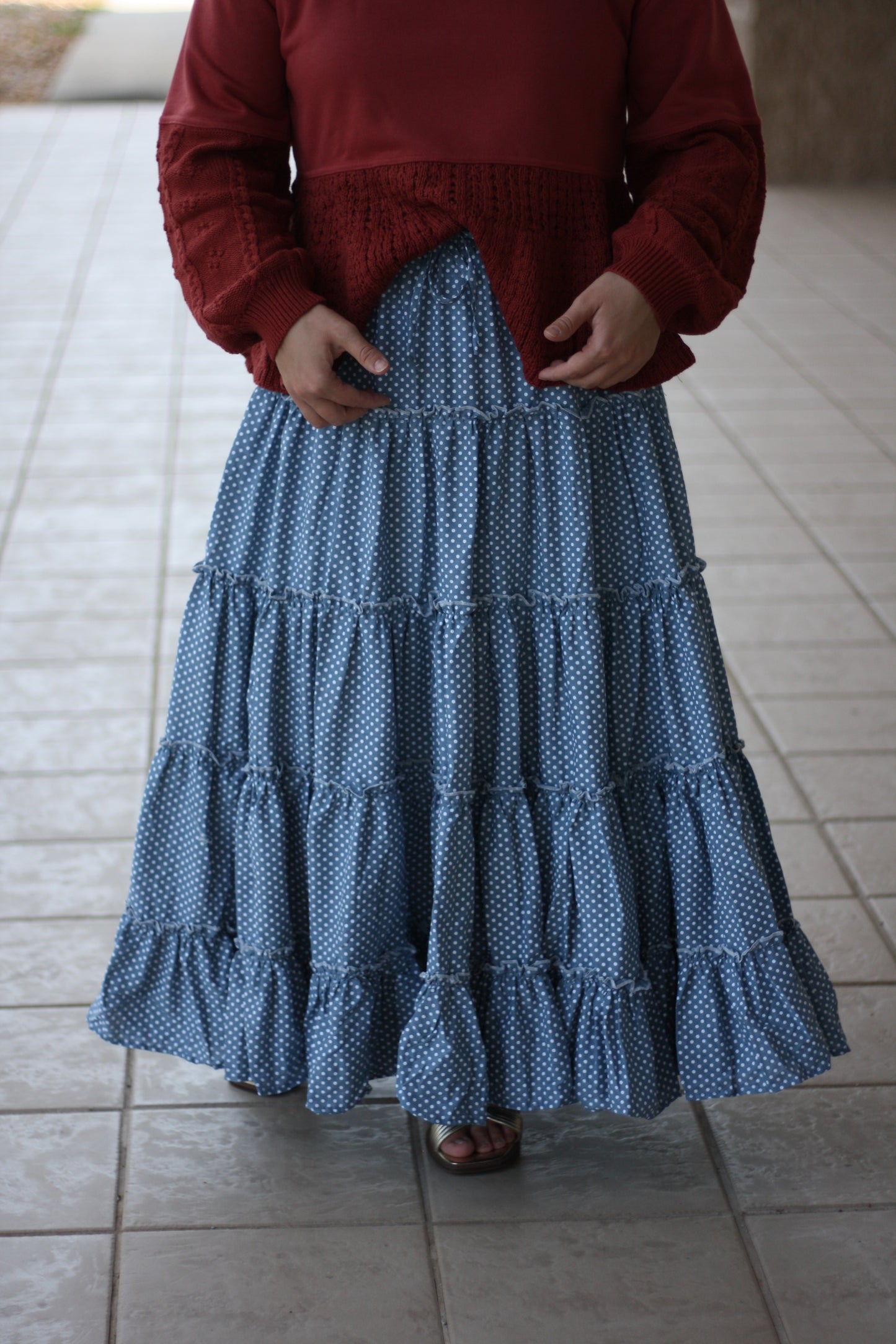 Denim Dotted Tiered Midi Skirt