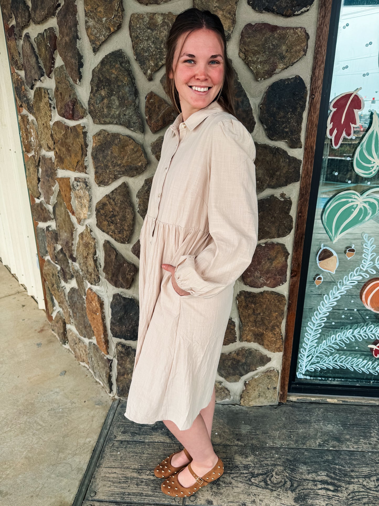 Button-Down Puff Sleeve Midi Dress