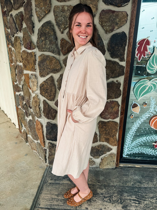 Button-Down Puff Sleeve Midi Dress