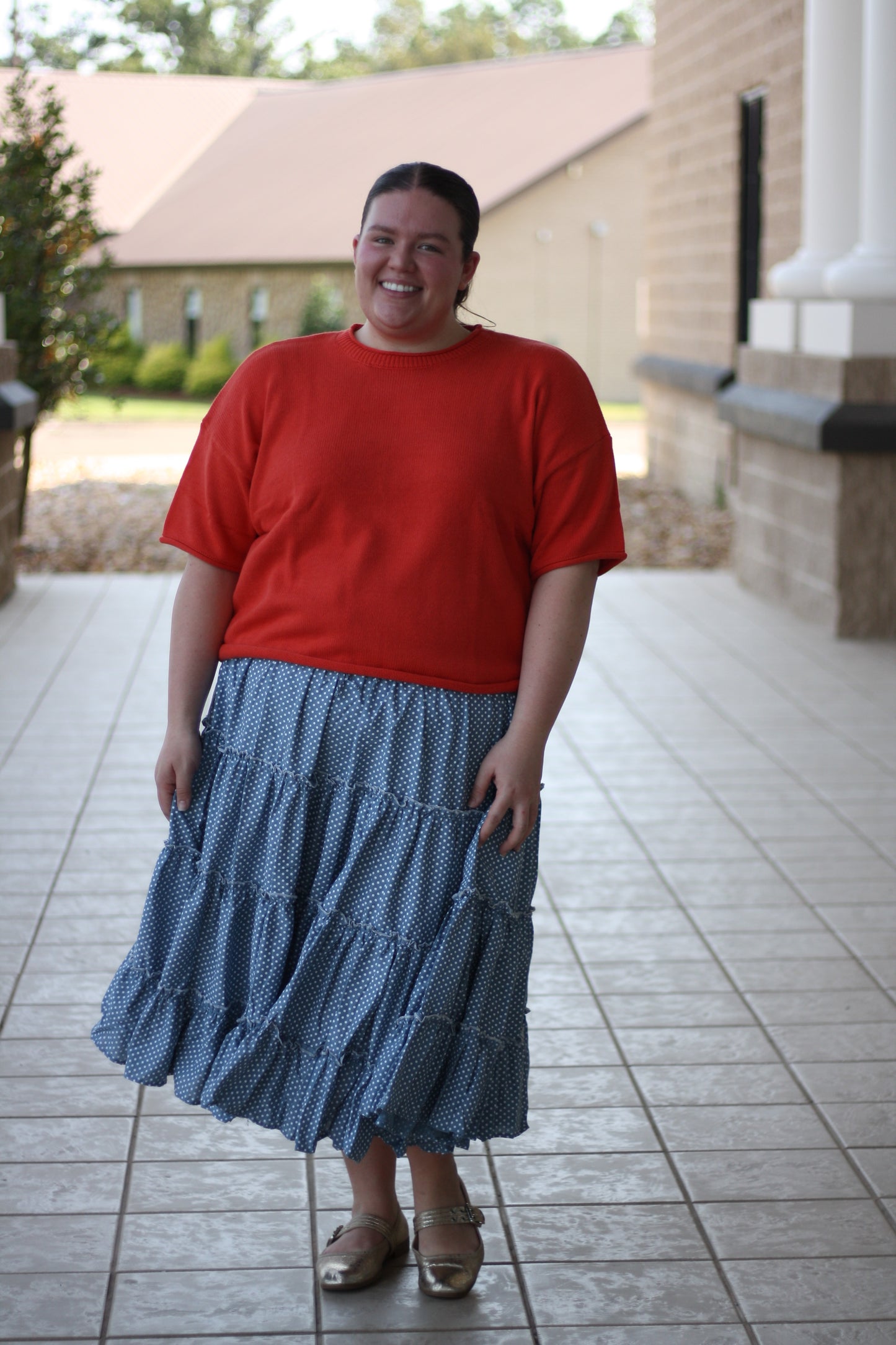 Denim Dotted Tiered Midi Skirt