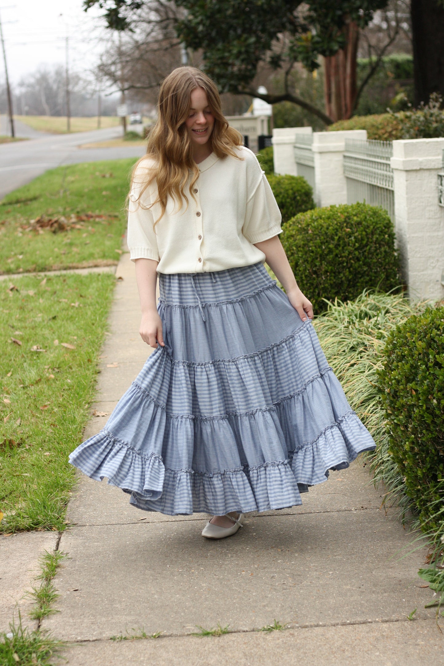 Blue Tiered Midi Skirt