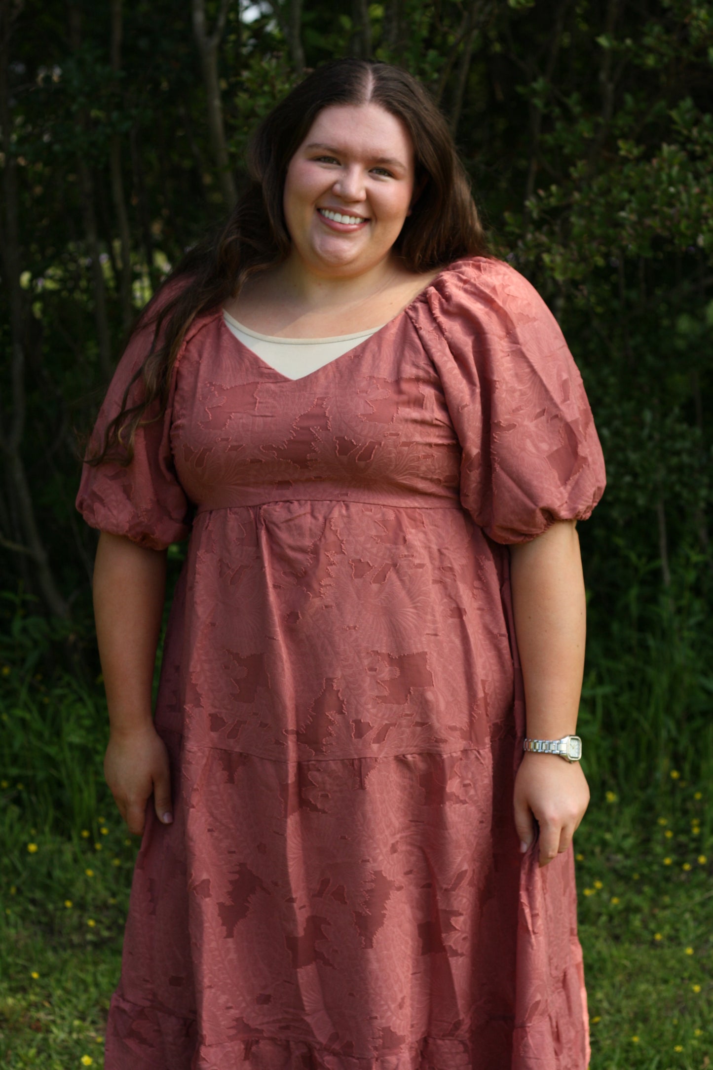 Smocked Floral Appliqué Midi