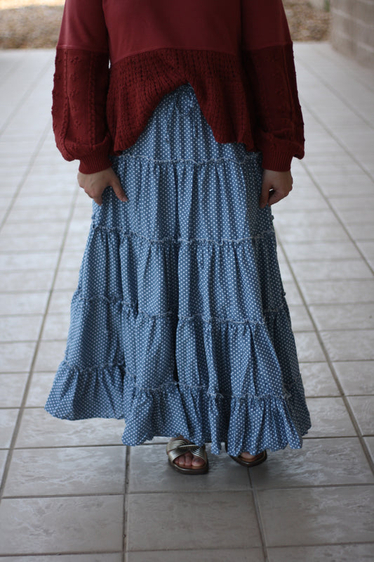 Denim Dotted Tiered Midi Skirt