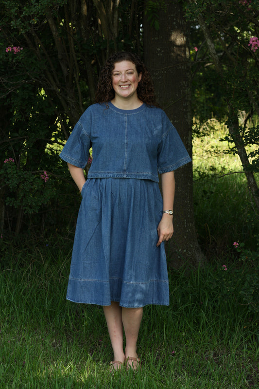 Pleated Denim Skirt Set