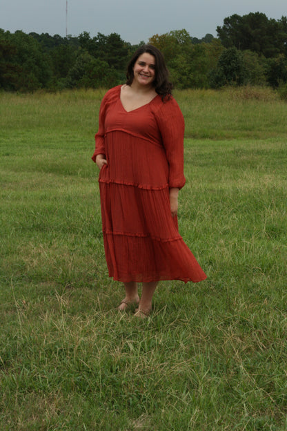 Rust V-neck Tiered Maxi