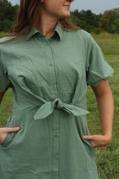 Puff Sleeve Sage Linen Midi Dress