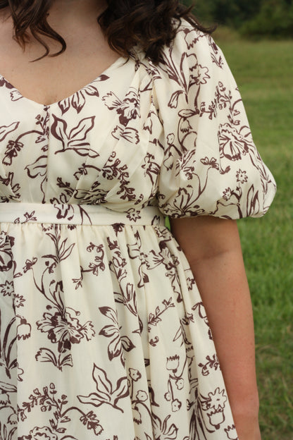 Cream and Brown Floral Puff Sleeve Dress