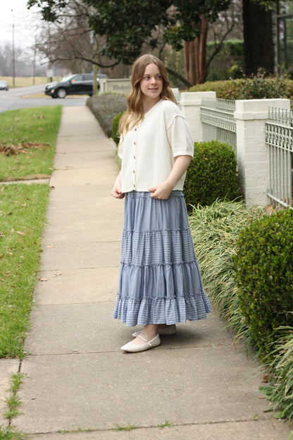 Blue Tiered Midi Skirt