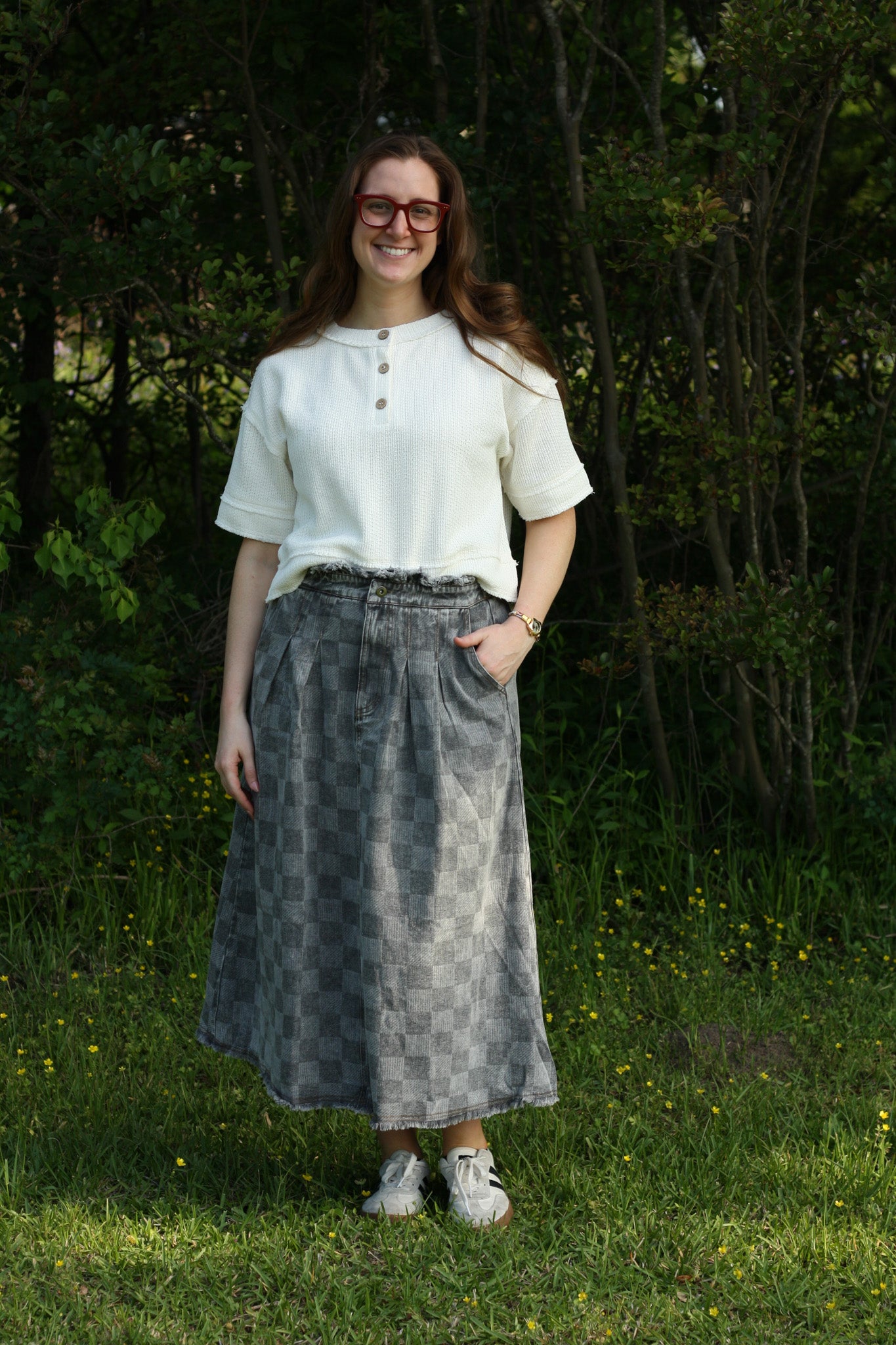 Washed Checkered Denim Midi Skirt