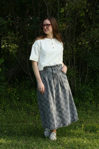 Washed Checkered Denim Midi Skirt