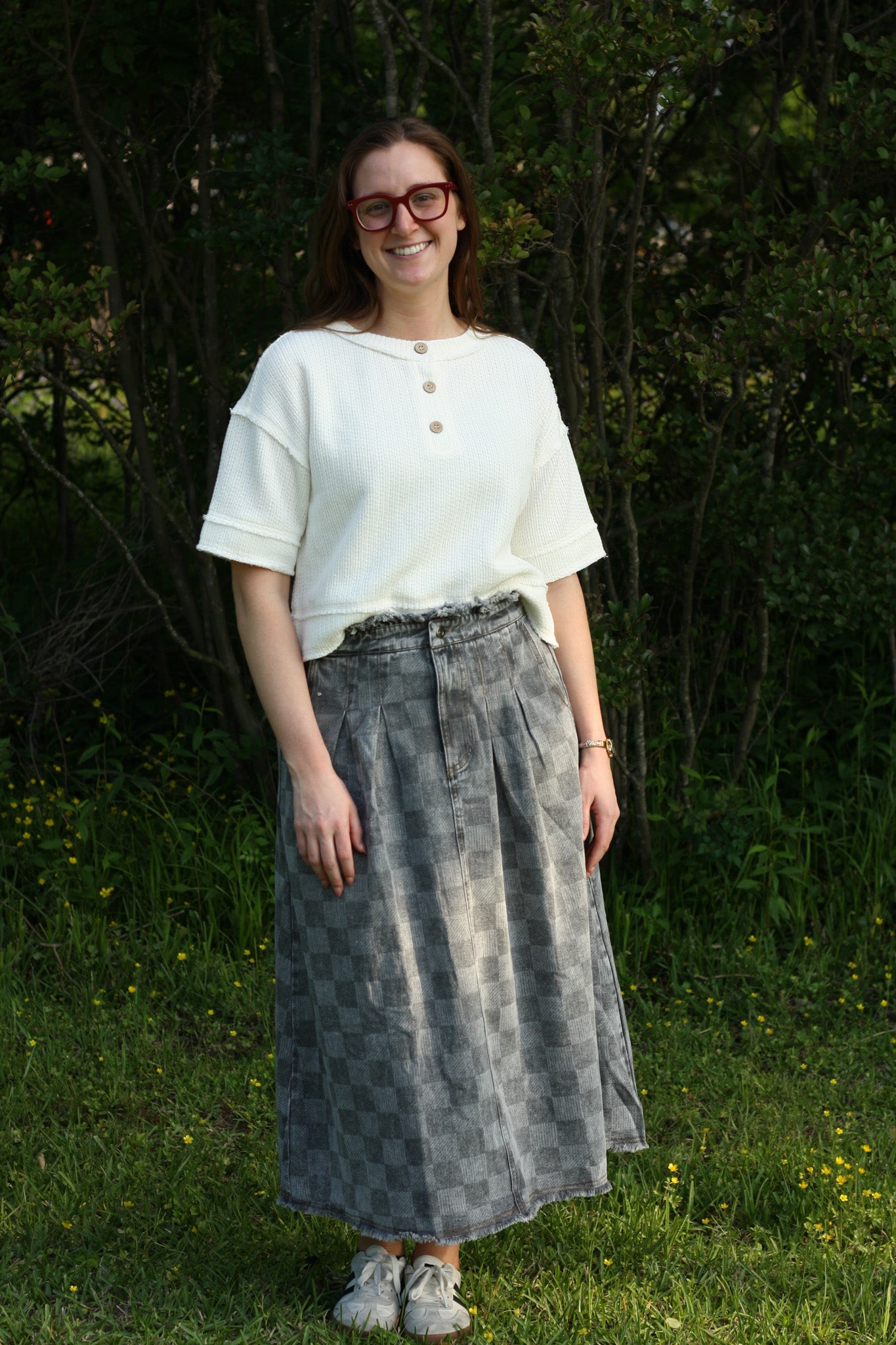 Washed Checkered Denim Midi Skirt
