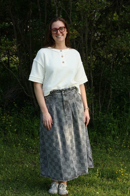 Washed Checkered Denim Midi Skirt