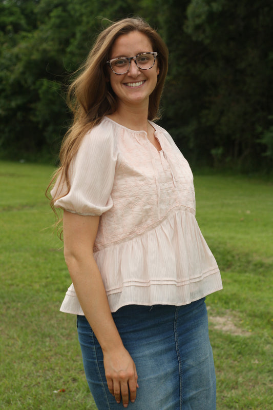 Embroidered Peplum Tie-Front Top