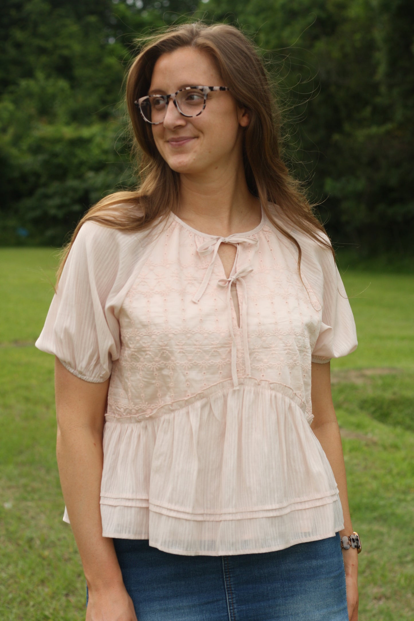 Embroidered Peplum Tie-Front Top