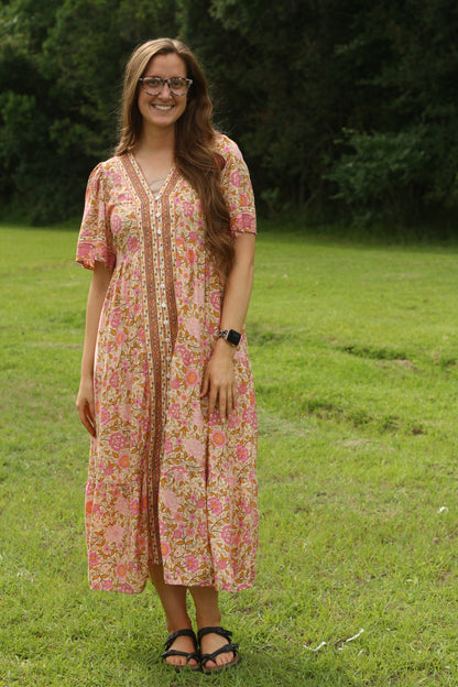 Vintage Boho Floral Midi Dress