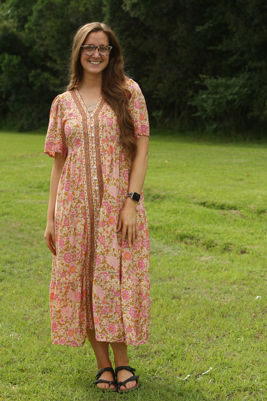 Vintage Boho Floral Midi Dress