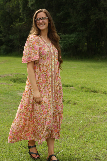 Vintage Boho Floral Midi Dress