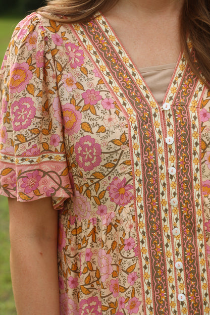 Vintage Boho Floral Midi Dress