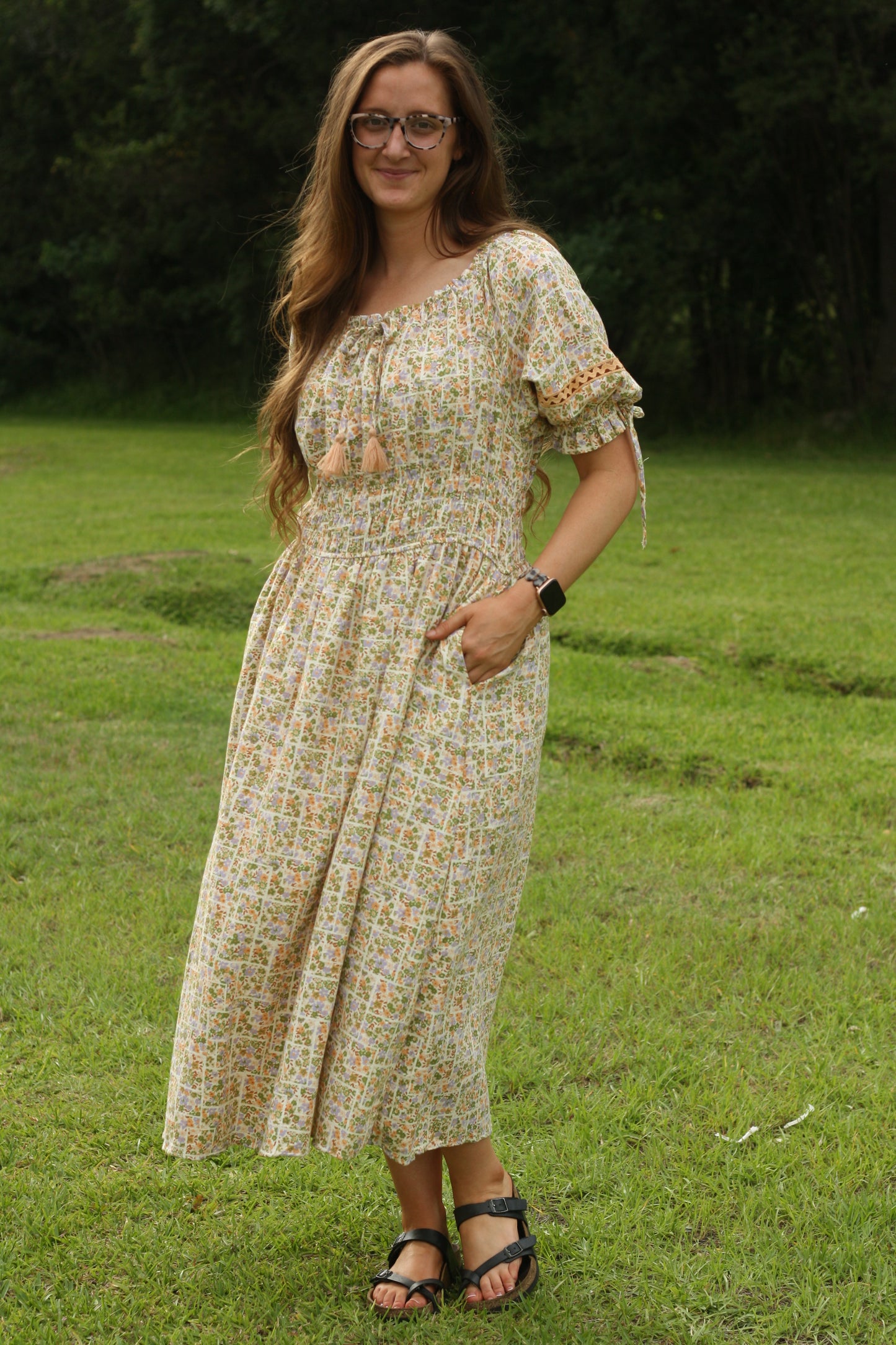 Puff Sleeve Printed Midi Dress